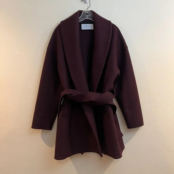 Harris Wharf London Purple Collared Wool Blend Tie Waist Classic Trench Coat 42 - Picture 2 of 9